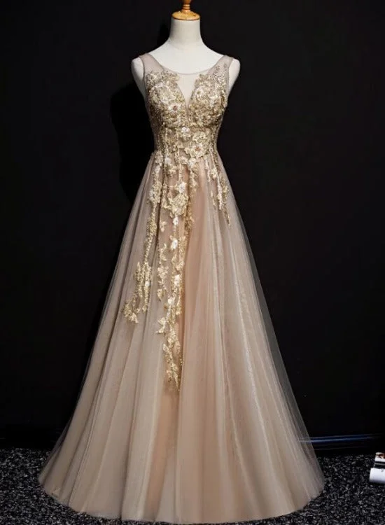 Champagne Tulle V-neckline Long Lace Prom Dress, A-line Formal Gown Party Dress Tunics Hiking breathable Champagne Tulle V-neckline Long Lace Prom Dress, A-line Formal Gown Party Dress Tunics Hiking breathable