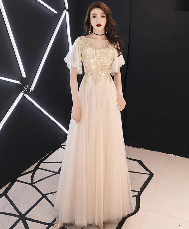 Champagne V Neck Tulle Lace Long Prom Dress Champagne Evening Dress Tunics Summer linen