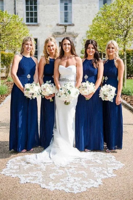 Charming Halter Neck Blue Pleated Long Bridesmaid Dresses, Wedding Party Dresses STK15099 Tunics Occasion special