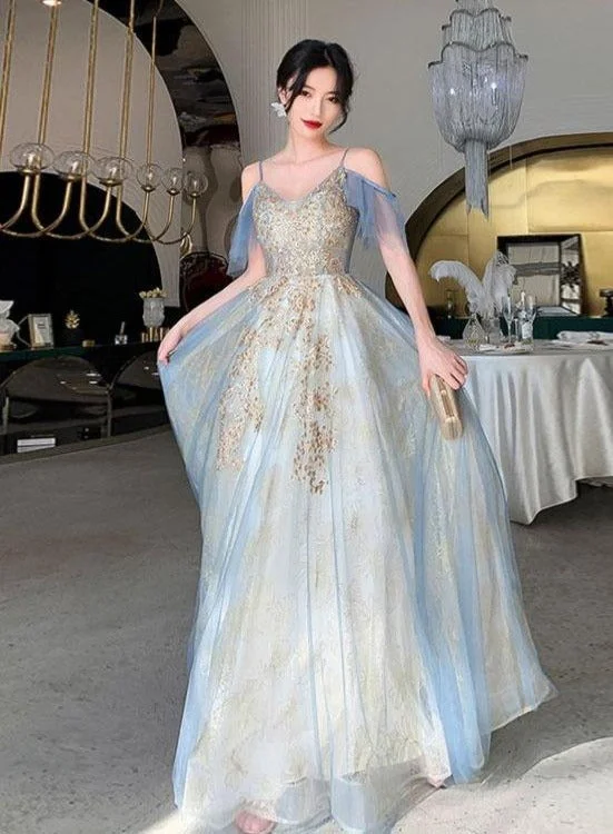 Charming Lace Light Blue V-neckline Long Prom Dress, A-line Formal Dress Evening Dress Tunics Seasonal trendy