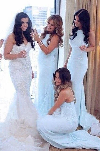 Charming Light Blue Mermaid High Neck Bridesmaid Dresses, Long Wedding Party Dress STK15101 Tunics Formal black