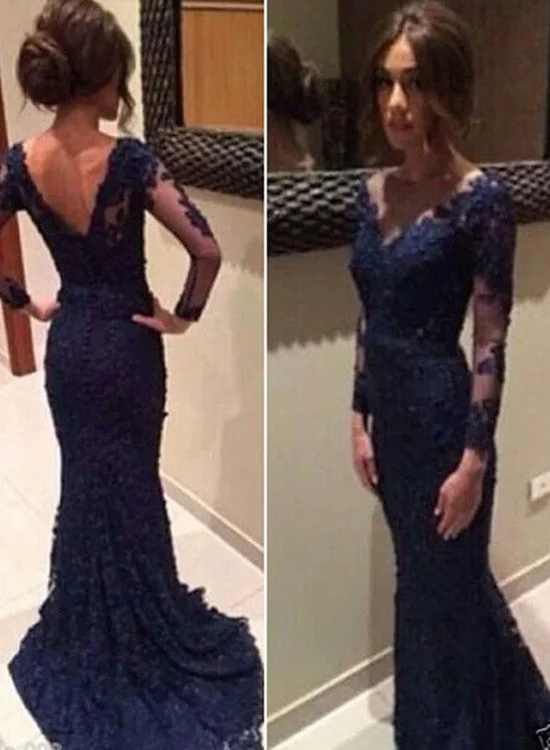 Charming Long Sleeves Lace Mermaid Prom Dresses,V Neck Navy Blue Wedding Party Dresses Bodycon Fitted Nightout