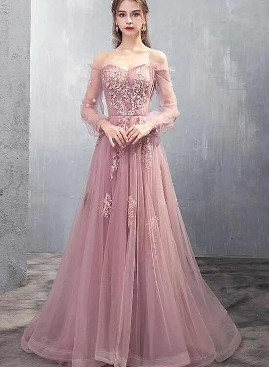 Charming Tulle Pink/Champagne Long Sleeves Junior Party Dress, A-line Formal Dress Evening Dress Off-the-shoulder Chic Trendy