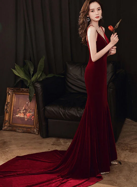 Charming V-neckline Mermaid Velvet Evening Gown Wedding Party Dress, Dark Red Long Prom Dress Tunics Sophisticated sleek