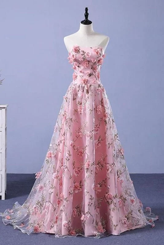 Cheap Pink Dresses A-line Strapless Floral Long Prom Elegant Party Dress Tunics Chinos classic