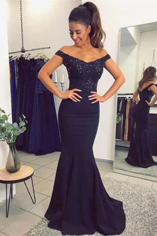 Chic Affordable Graceful Navy Blue Off The Shoulder Mermaid Stretch Evening Dresses with Lace Beads Tunics Top rated