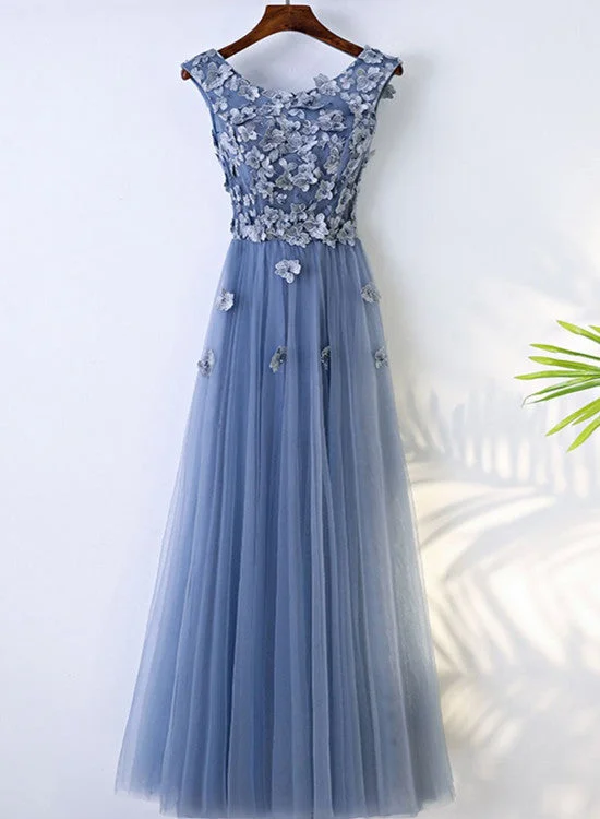 Chic Blue Tulle Scoop Neckline Full-length Bridesmaid Dress, Blue Lace Applique Party Dress Tunics Print Colorful