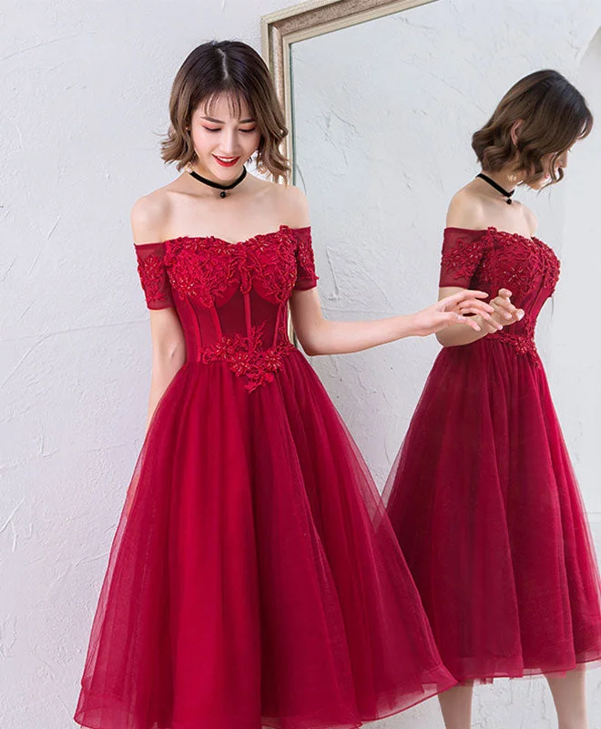 Cute Burgundy Off Shoulder Short Prom Dress, Evening Dress Turtleneck Warm Winter