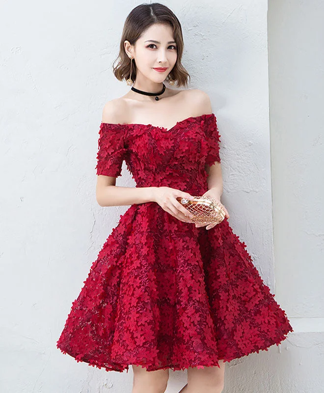 Cute Burgundy Short Prom Dress, Evening Dress sweetheart Neckline Romantic