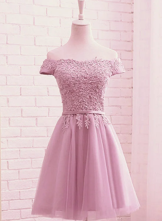 Cute Dark Pink Off Shoulder Tulle Party Dress with Lace Applique, Formal Gown Tunics Favorite customer