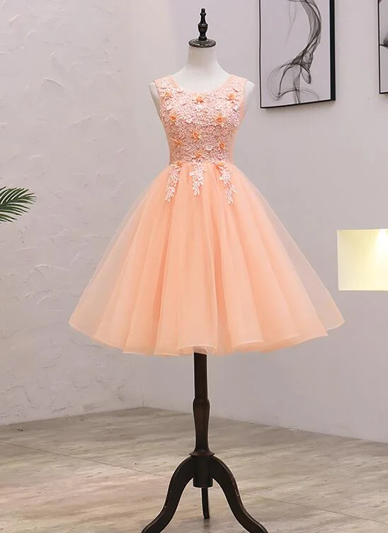 Cute Pink Flowers and Lace Applique Round Neckline Party Dress, Pink Homecoming Dress Lace Sexy Club