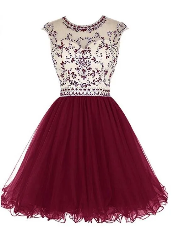 Cute Round Neckline Beaded Tulle Open Back Homecoming Dress, Short Prom Dresses Party Dresses Halter Neckline Beach