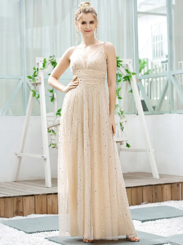 Cute Sleeveless V Neck Long Evening Dresses with Shiny Dot Lace Sexy Club
