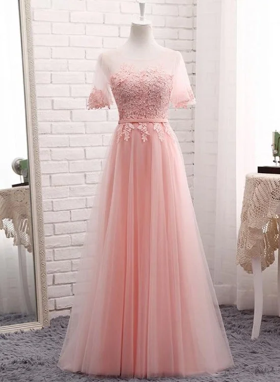 Cute Tulle and Lace Long Party Dress, A-line Tulle Short Sleeves Bridesmaid Dress Tunics Trousers formal