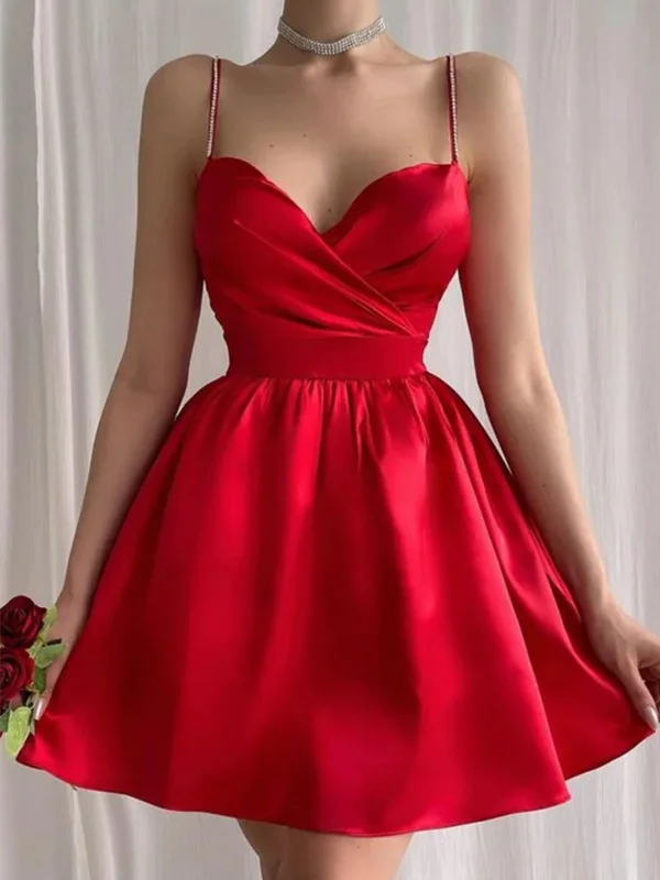 Cute V Neck Red Satin Short Prom Dresses, Cute V Neck Red Satin Short Formal Graduation Evening Dresses Tunics Fashionable trendy