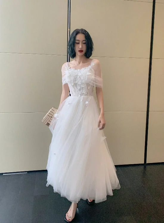 Cute White Tulle Tea length Off Shoulder Princess Party Dress, Lovely White Formal Dress Tunics Luxurious premium