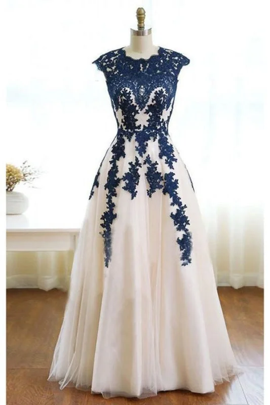 Dark Blue Appliques Ivory Tulle Prom Dress Floor Length Elegant Evening Dresses Tunics Gym athletic