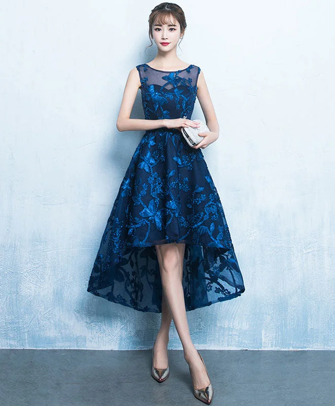 Dark Blue High Low Short Prom Dress, Lace Evening Dress Bodycon Fitted Nightout