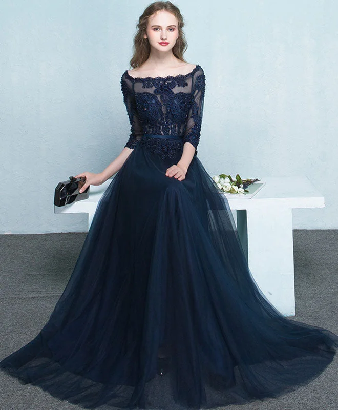 Dark Blue Lace Long Prom Dress, Long Sleeve Evening Dress Tunics Designer luxury