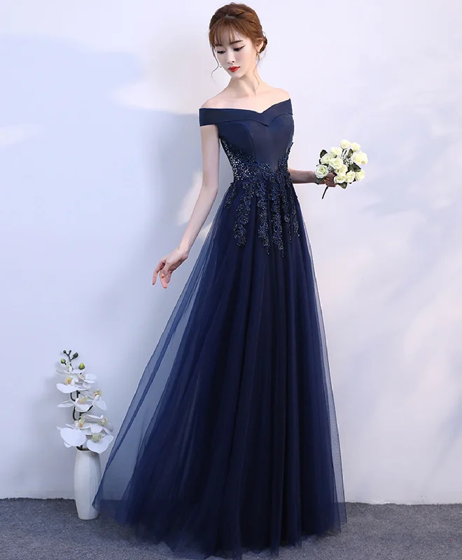 Dark Blue Off Shoulder Long Prom Dress, Blue Evening Dress Tunics Trendy modern