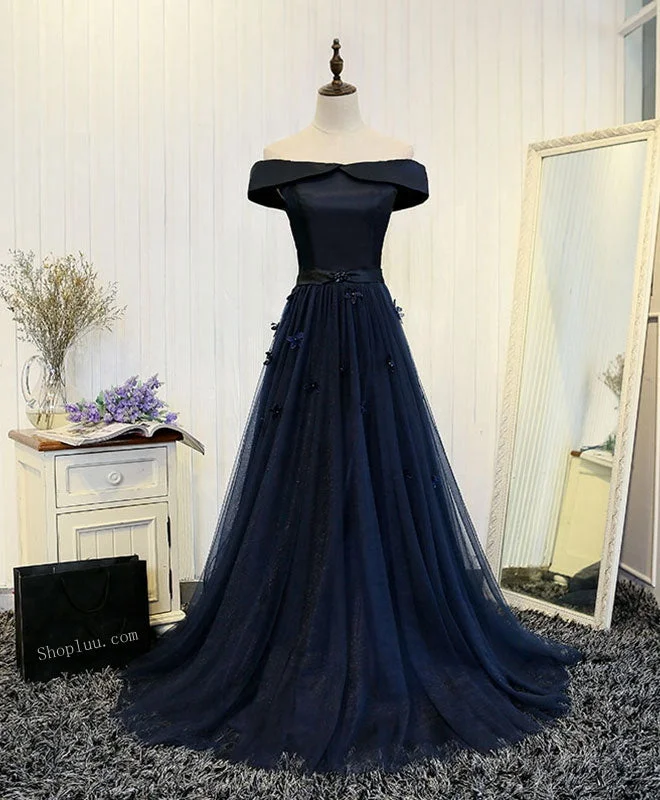 Dark Blue Off Shoulder Long Prom Dress, Evening Dress Tunics Silk luxurious