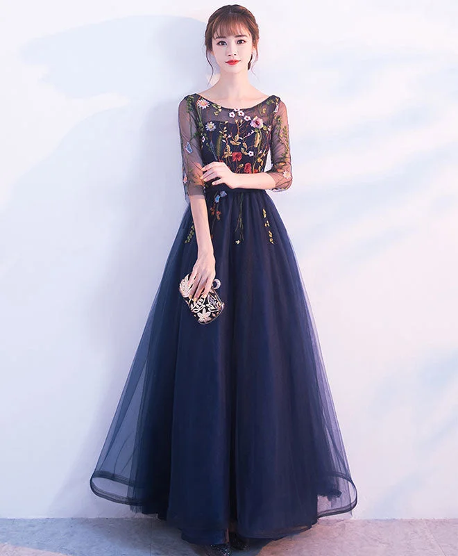 Dark Blue Tulle Lace Long Prom Dress, Blue Evening Dress Tunics Summer linen