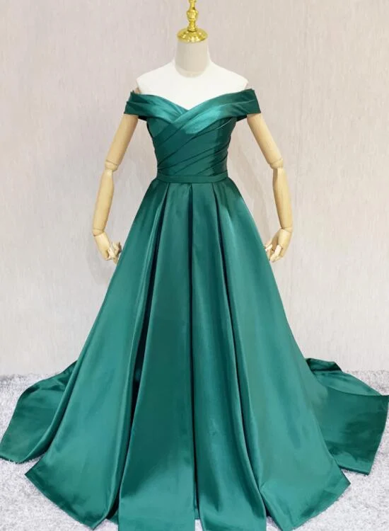 Dark Green A-line Sweetheart Off Shoulder Satin Junior Prom Dress, Green Wedding Party Dress Tunics Practical durable