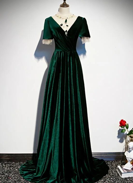 Dark Green Velvet Short Sleeves A-line Bridesmaid Dress, Long Prom Dress Evening Dress Tunics Versatile stylish Dark Green Velvet Short Sleeves A-line Bridesmaid Dress, Long Prom Dress Evening Dress Tunics Versatile stylish