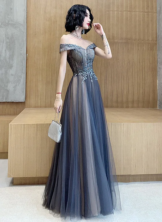 Dark Grey Tulle with Lace Applique Sweetheart Long Prom Dress, A-line Off Shoulder Party Dress Tunics Plaid country
