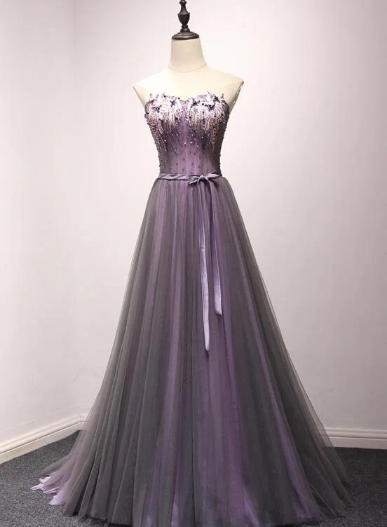 Dark Purple Long Formal Gown, Charming Tulle Elegant Party Dress empire Waist empire