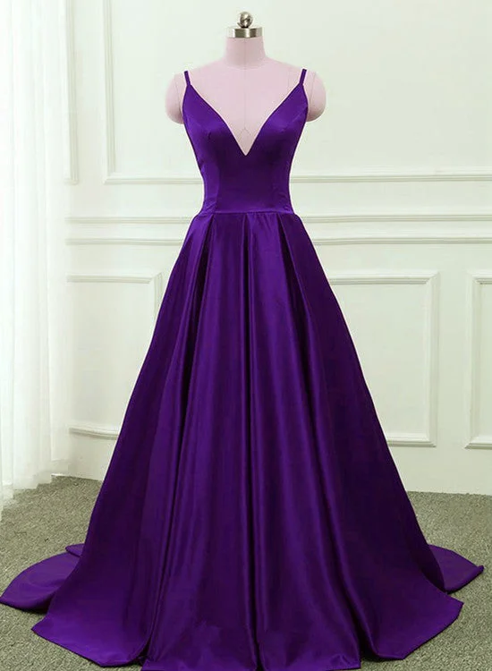 Dark Purple Satin Cross Back Straps V-neckline Party Dress, New Prom Dress 2022 Tunics Fashionable trendy