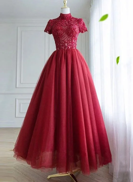 Dark Red Lace High Neckline Beaded Prom Dress, Tulle Evening Dress Formal Dress Tunics Gym athletic Dark Red Lace High Neckline Beaded Prom Dress, Tulle Evening Dress Formal Dress Tunics Gym athletic