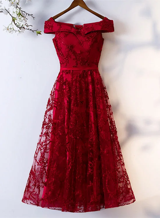 Dark Red Lace Off Shoulder Short Party Dress Formal Dress, Wine Red Homecoming Dresses Tunics Business professional