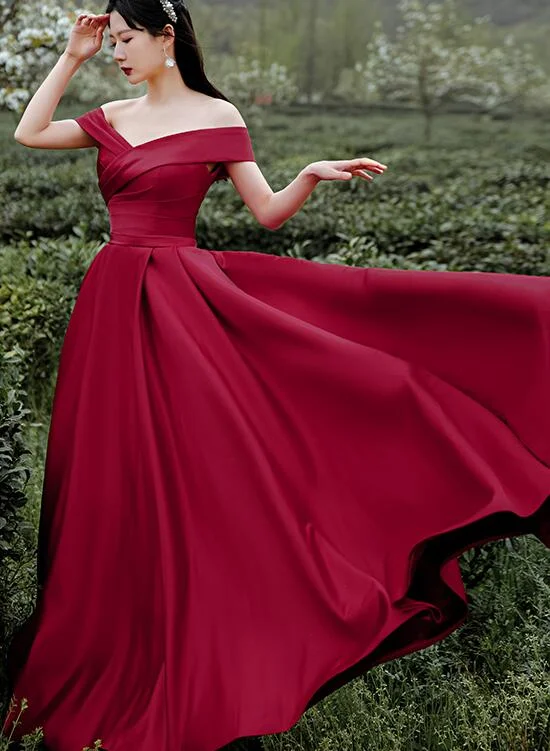 Dark Red Satin Long Off Shoulder A-line Evening Dress, Wine Red Formal Dress Party Dress Tunics Sale discount
