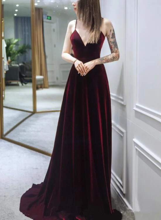 Dark Red Straps Velvet Deep V-neckline Party Gown, Beautiful Wedding Party Dress Shift Classic Vintage