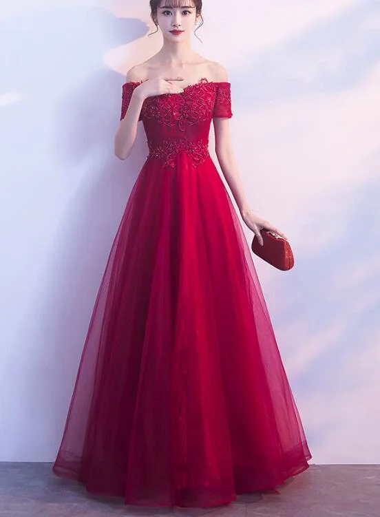 Dark Red Tulle Off Shoulder Elegant Junior Prom Dress, Junior Party Dress, Formal Dress sweetheart Neckline Romantic