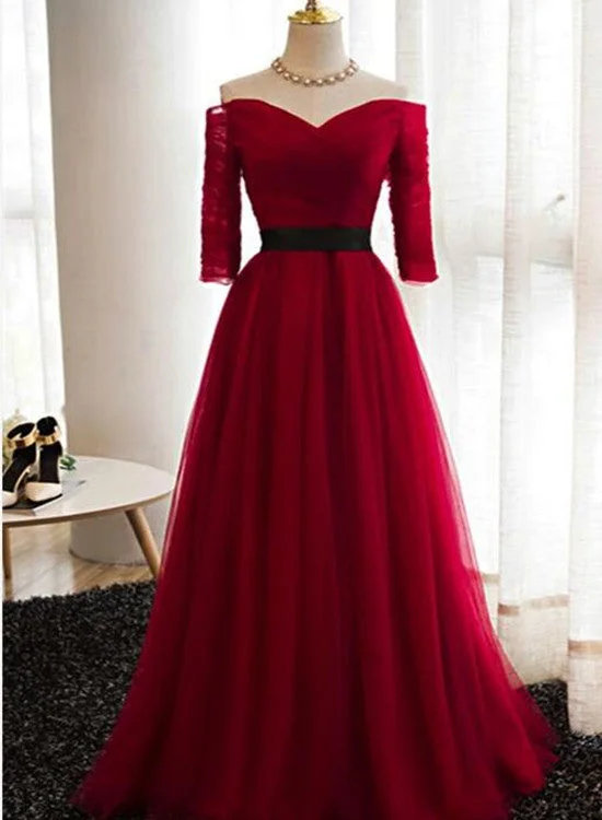 Dark Red Tulle Off Shoulder Floor Length Wedding Party Dress, Elegant Junior Prom Dress Tunics Review highly