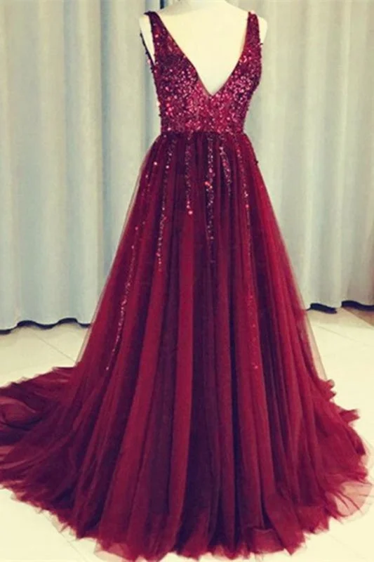 Dark Red V Neck Sleeveless Tulle Prom with Sequins Long Sequined Evening Dress Tunics New arrival