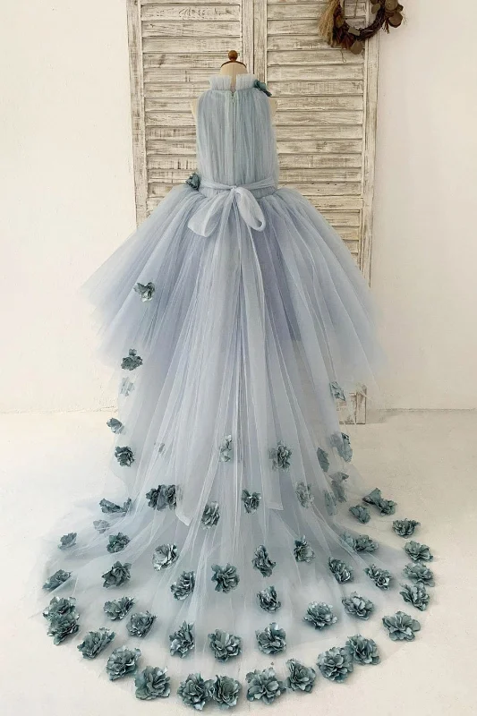 Dusty Blue Tulle Hi-Low Wedding Flower Girl Dress Kids Party Dress, Sweep Train Crew Neckline Casual