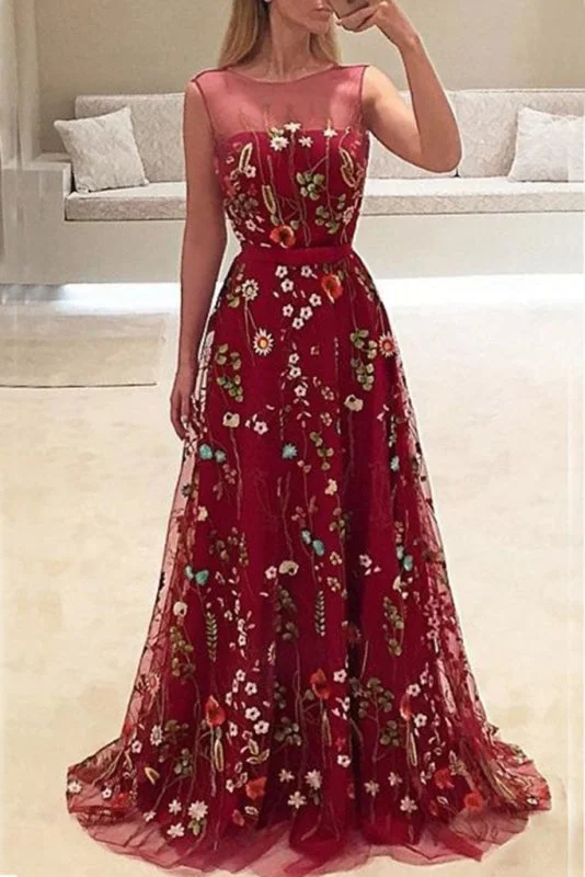 Elegant Burgundy Long A-line Sleeveless Prom with Flowers New Party Dress Tunics Fashionable trendy