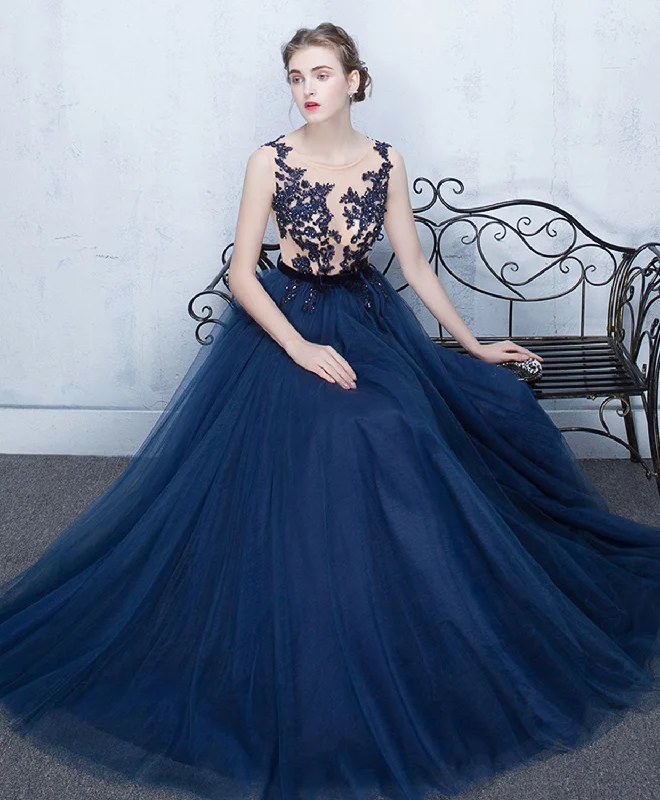 Elegant Dark Blue Tulle Lace Long Prom Dress, Blue Evening Dress Tunics Evening elegant