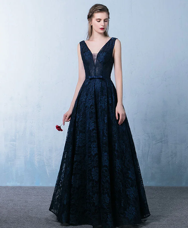 Elegant Dark Blue V Neck Long Prom Dress, Lace Evening Dress Tunics Luxurious premium