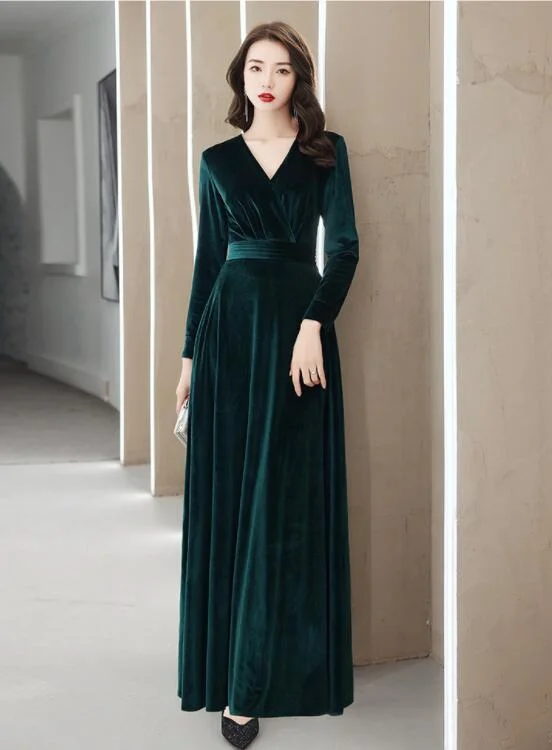 Elegant Velvet Long Sleeves V-neckline Prom Dress. Velvet Bridesmaid Dress Party Dress A-Line Day Work