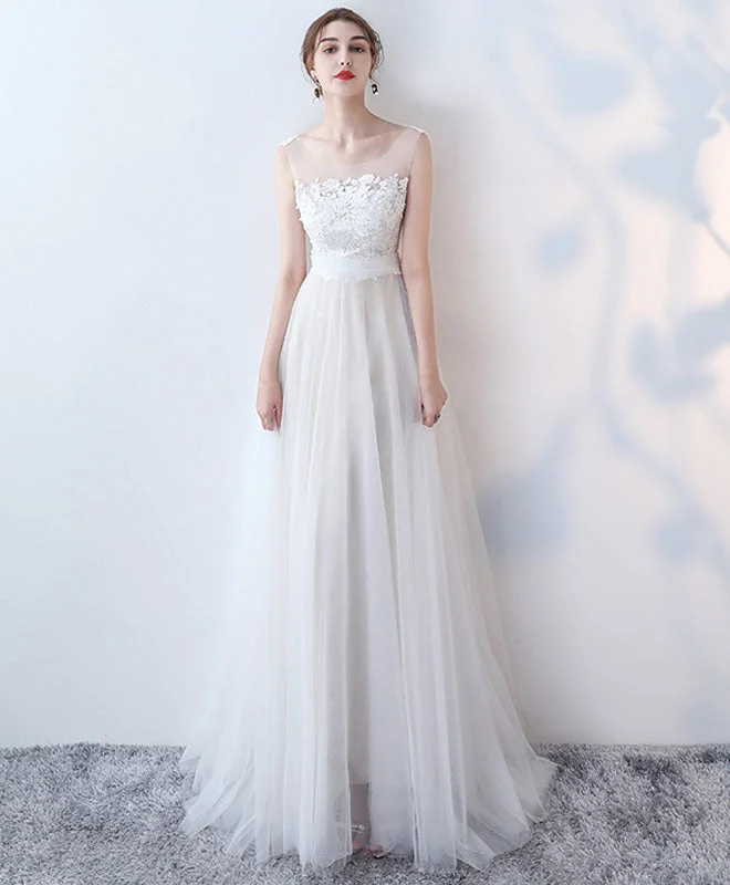 Elegant White Lace Tulle Long Prom Dress, White Evening Dress Tunics Winter warm