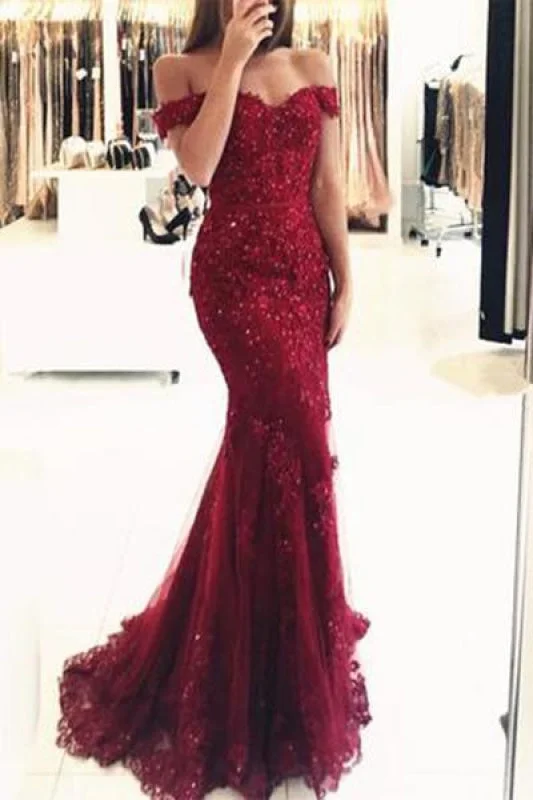 Fascinating Elegant Graceful Elegant Burgundy Mermaid Off the Shoulder Beaded Lace Appliques Evening Dresses Tunics Recommended stylist