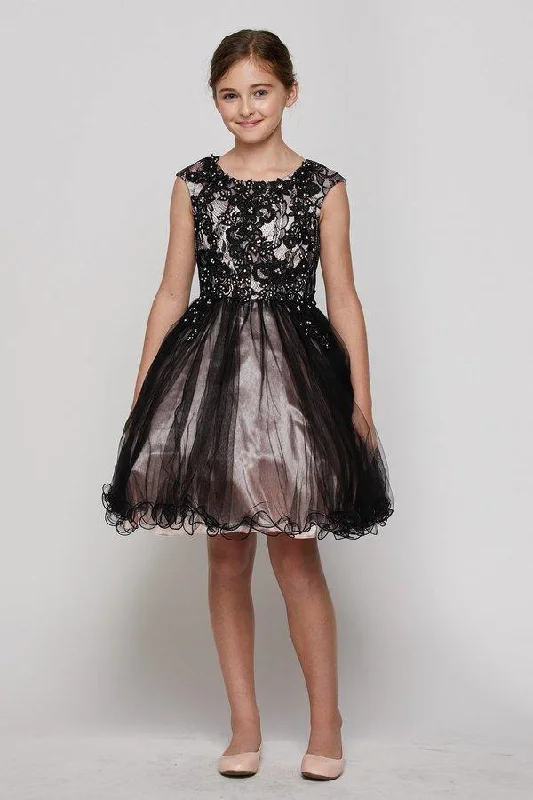 Flower Girls Capped Sleeve Lace and Tulle Short Party Dress Square Neckline Feminine