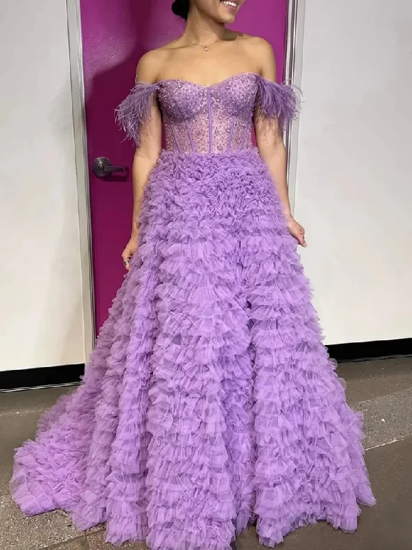 Gorgeous Off Shoulder Beaded Purple Tulle Long Prom Dresses, Gorgeous Off the Shoulder Purple Formal Evening Dresses Tunics Leisure comfortable