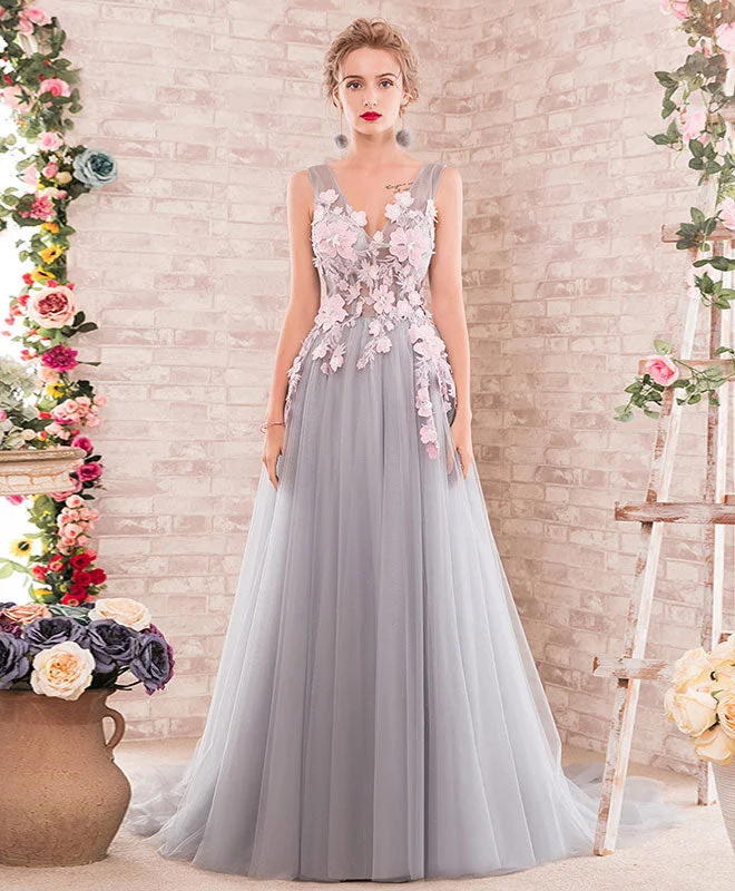 Gray A-Line V Neck Tulle Lace Applique Long Prom Dress, Gray Evening Dress Tunics Distressed trendy