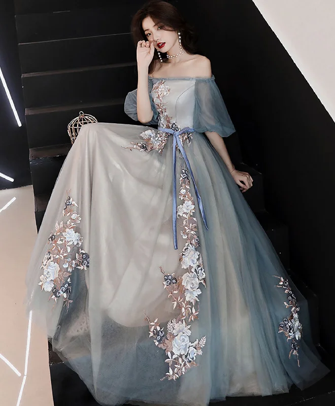 Gray Blue Tulle Lace Long Prom Dress, Gray Blue Evening Dress Tunics Stylish elegant