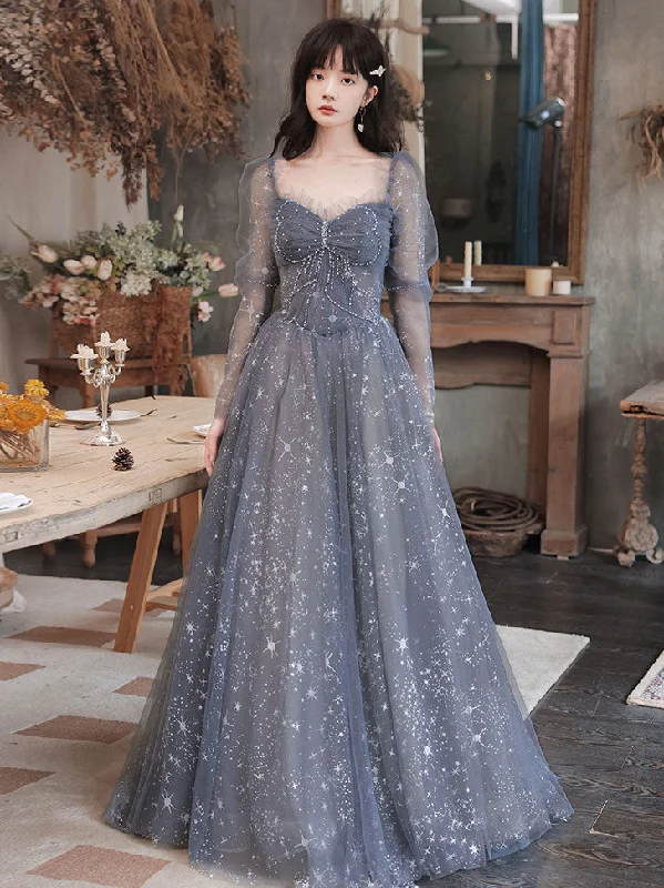 Gray Blue Tulle Lace Long Prom Dress, Gray Tulle Lace Evening Dress Tunics Bridal satin